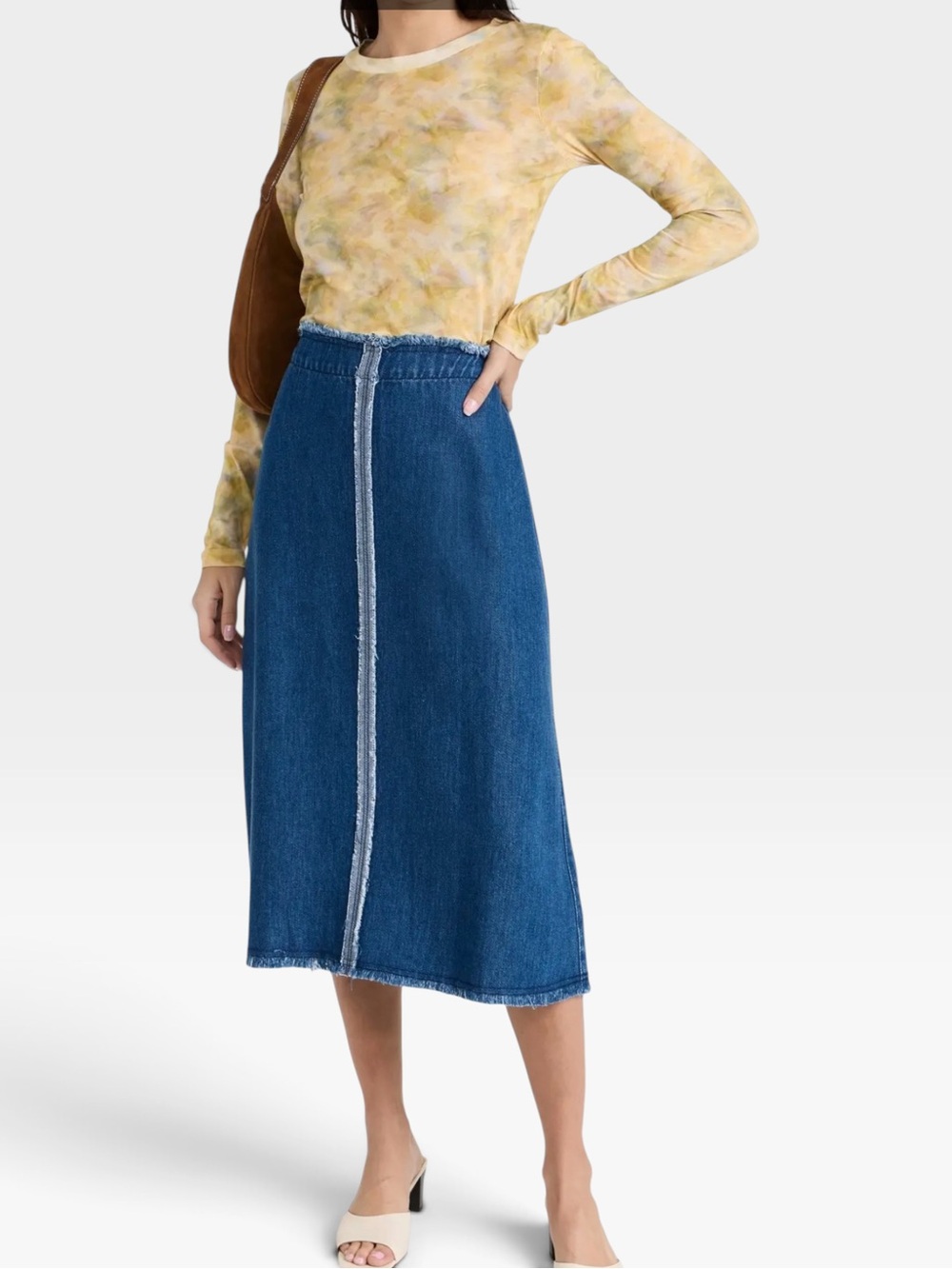 Raquel Allegra Aurora Denim Skirt Mid Wash Blue Frayed Details Made in USA Sz XS
